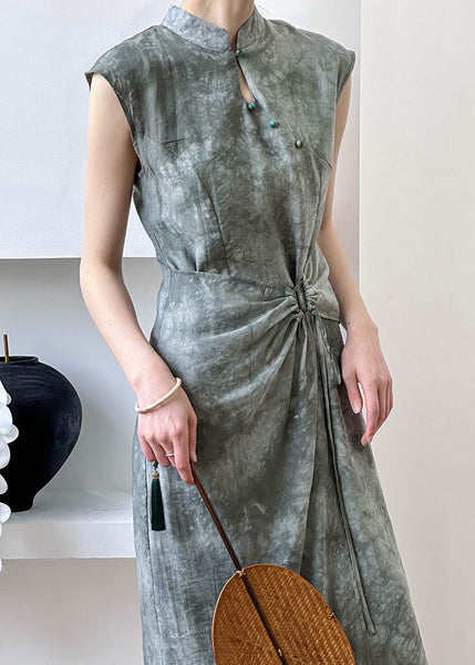 New Grey Button Lace Up Silk Cotton Long Dress Summer AF1012 HS-SDL240914