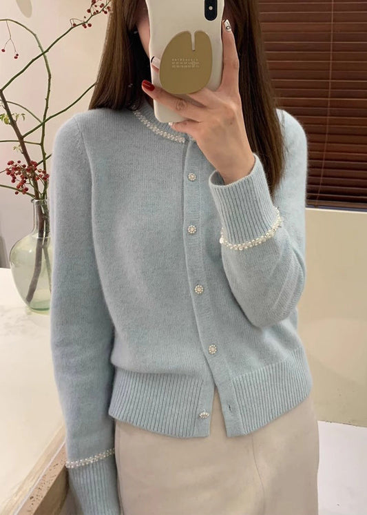 French Blue O Neck Handmade Nail Bead Knit Cardigan Fall QC039 shopify