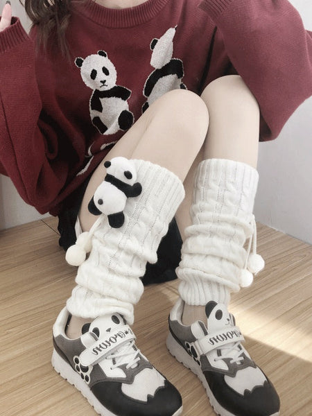 Decorated Cable Leg Warmers Black Pom-Pom Panda White Creamy Brooch + Knit Set / FashionChic