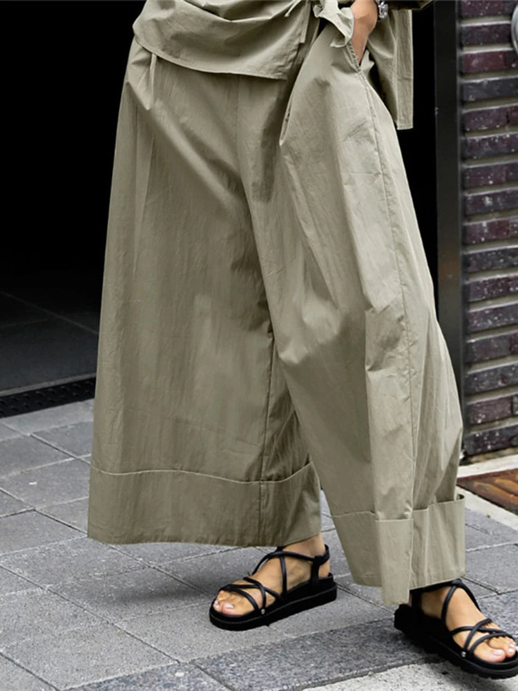 Elastic Organic Wide-Leg Waist Khaki Pants FashionChic