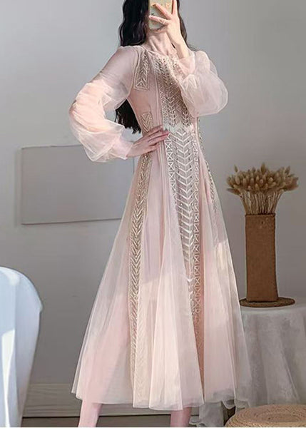 2024 New Pink Mesh Tulle Nail Bead Bubble Sleeve Dress AZ1019 shopify