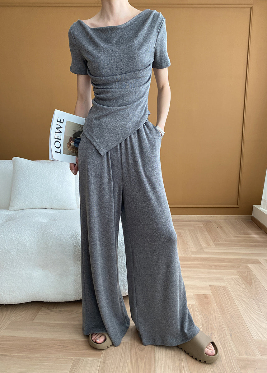 Italian Grey Cold Shoulder Asymmetrical Knit Two Pieces Set Summer WD002 HS-TPIEC241103