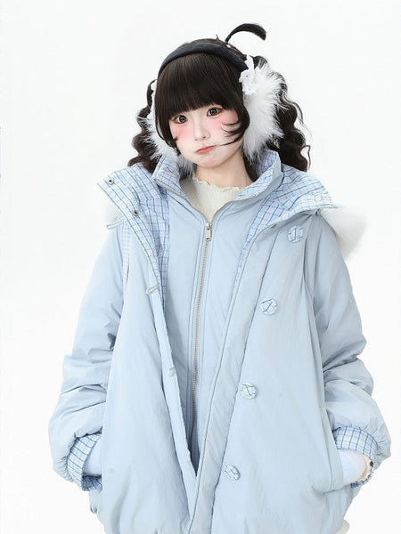 Hood Down Detachable Daily Kawaii Light Coat with Blue Two-piece FashionChic