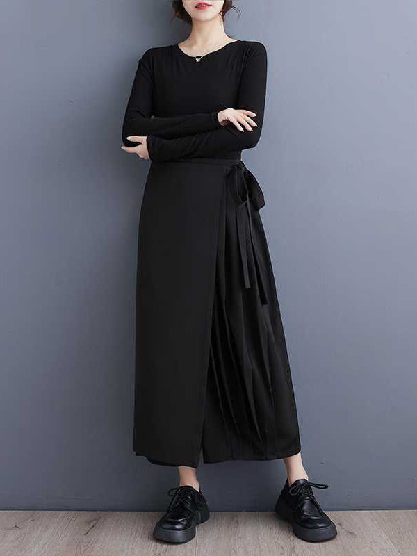 Stylish Black Elasticity High Waisted Asymmetric Tied Patchwork Pleated Ninth Pants WS015 shopify