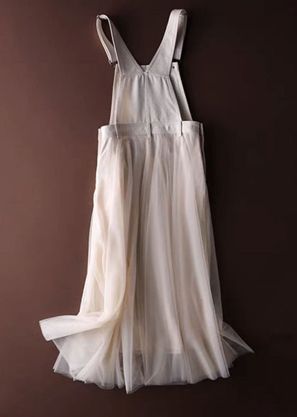 Unique Dress White Summer Patchwork Tulle Denim Strap FashionChic