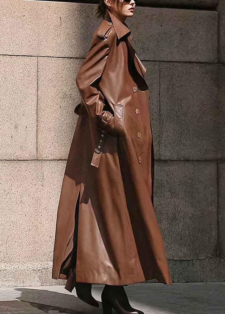 French Coffee Notched Button Faux Leather Long Trench Coat Winter RY002 ABC