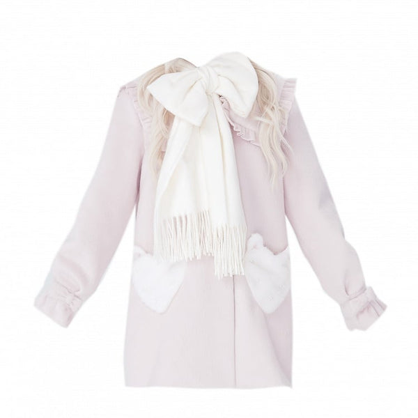Sweet Bow Ruffled Coat Winter Scarf and Heart-Shaped + with Lolita Pockets White Pink Collar FashionChic
