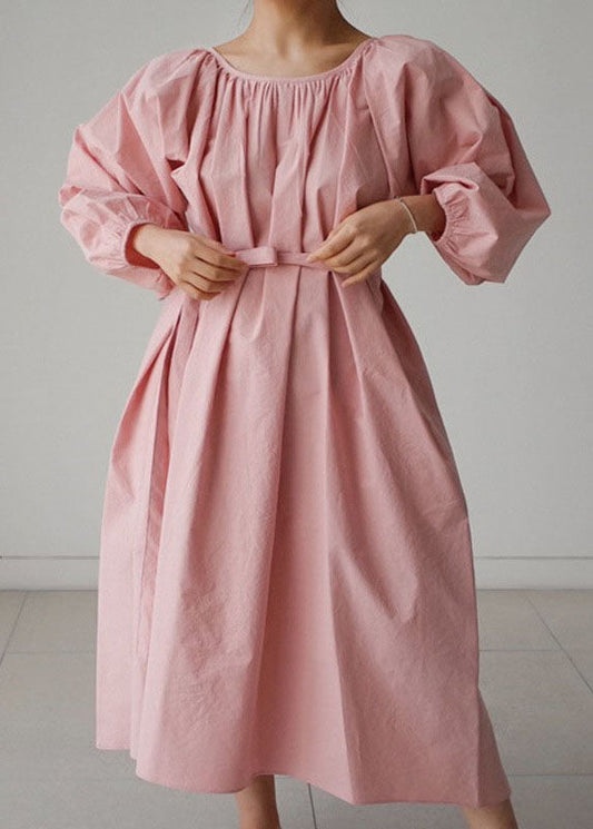 Dress wrinkled O-Neck Pink Maxi Quarter Three Cotton sleeve FashionChic