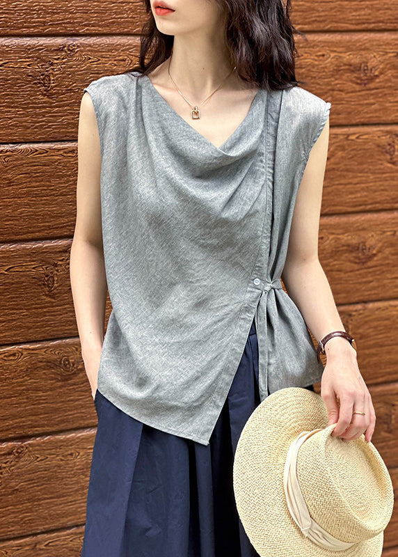 New Grey Asymmetrical Button Cotton Top Summer AF1039 HS-STP240914