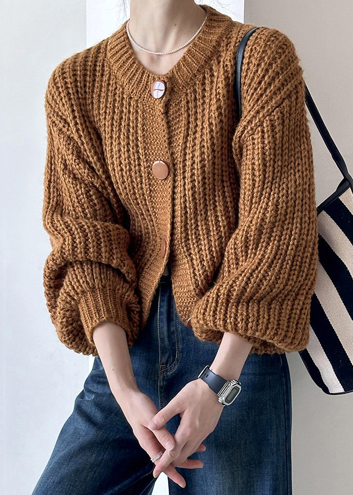 New Brown O Neck Hollow Out Cotton Knit Cardigan Fall AF1014 HS-NCT240914