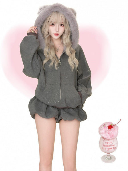 White/Gray Bear Fur Hoodie Daily Hood Trim Lush Coat Kawaii - Ear FashionChic