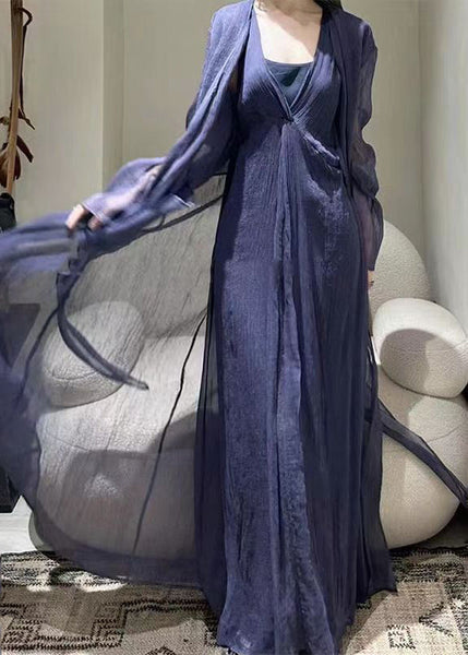 Style Dark Purple Patchwork Tie Waist Tulle Long Dresses Long Sleeve TT1018 shopify