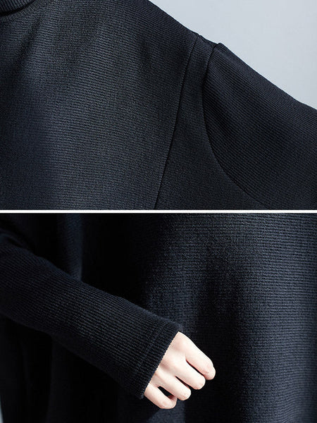 Casual Loose Black Heaps Collar Pockets A-line Long Sleeve Sweater AN1065 Genistyle Shop