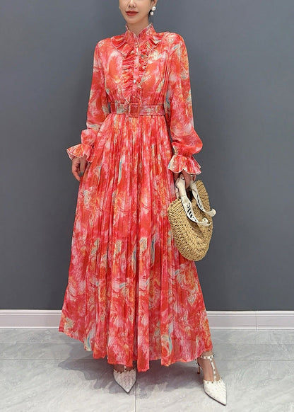 Fitted Blue Ruffled Print Sashes Chiffon Dresses Long Sleeve AO1071 JDML-FDL240909