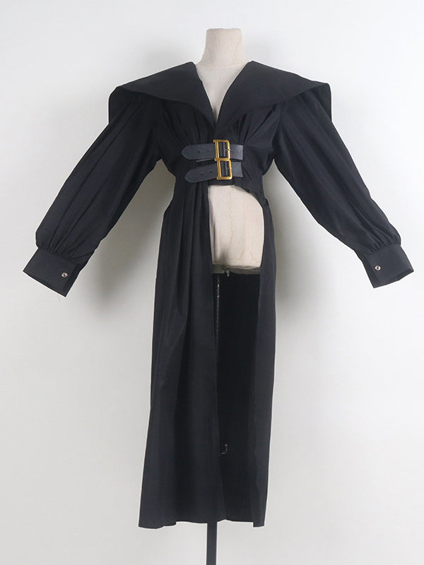 Pleated Black Asymmetric Lapel Waisted Long High Modern Belted FashionChic