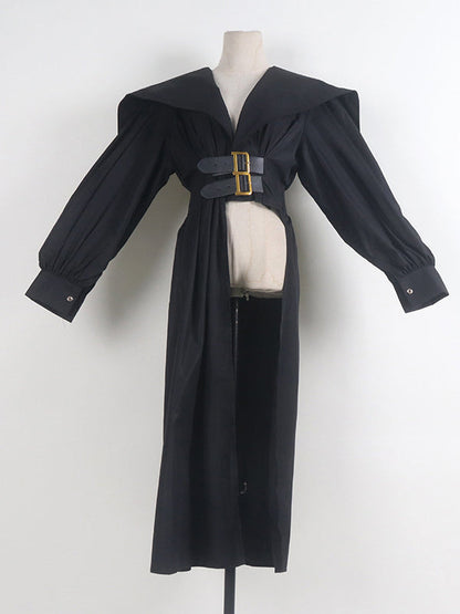 Pleated Black Asymmetric Lapel Waisted Long High Modern Belted FashionChic