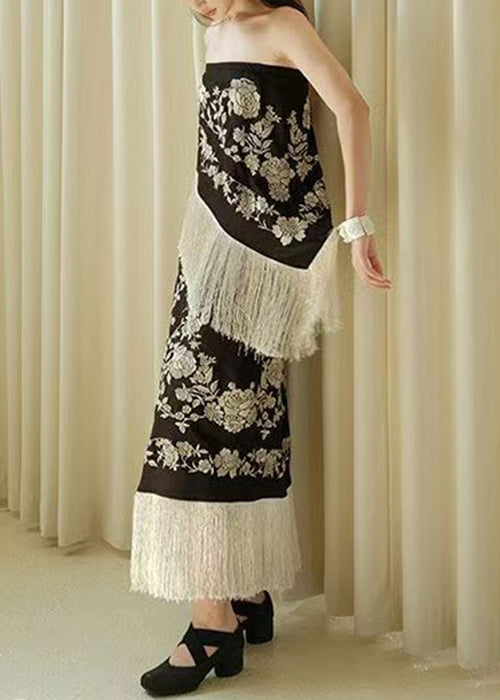 Black High Sleeveless Tasseled Patchwork Waist Novelty Dresses FashionChic