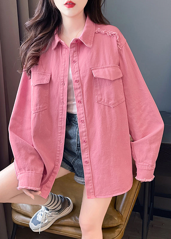 Casual Pink Peter Pan Collar Pockets Denim Shirts Coat Fall QX021 shopify