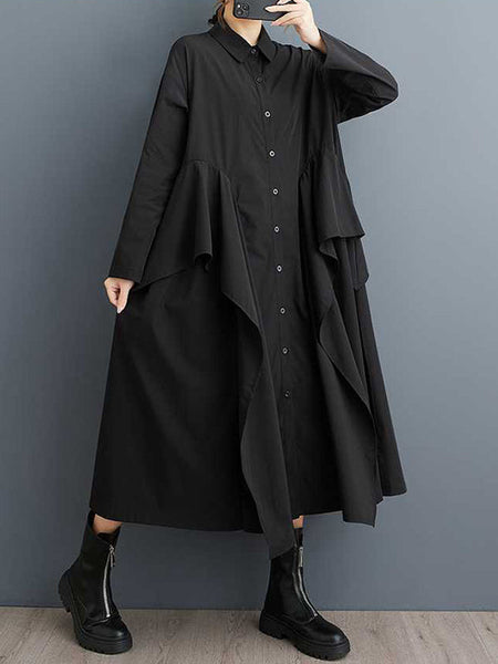 Unique Black Lapel Buttoned Patchwork Ruffle Trim Long Sleeve Dress TW018 ABC