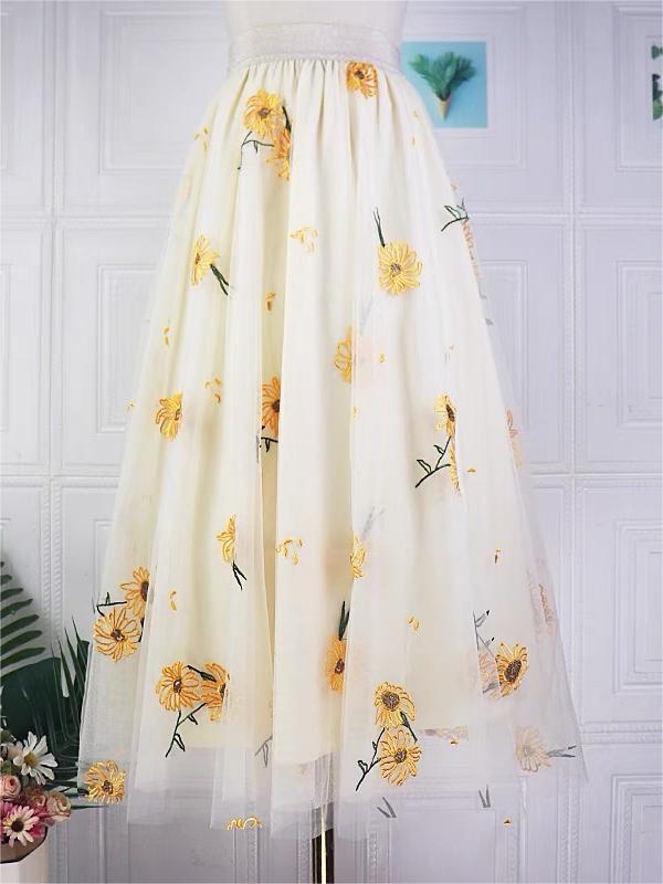 Fairy Beige High Waist Sunflower Embroidered Tulle Skirt NN009 Genistyle Shop