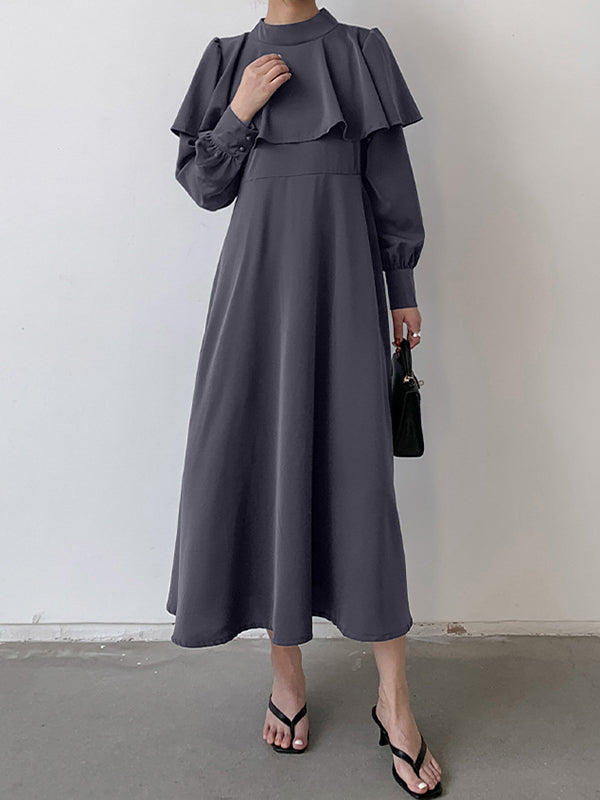 Ruffle Waist Long Mock Tied A-Line Elegant Trim Neck Coffee FashionChic