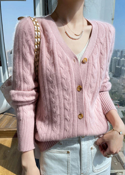 Italian Pink V Neck Solid Cable Wool Knit Cardigans Fall QP015 OL-NCT241001