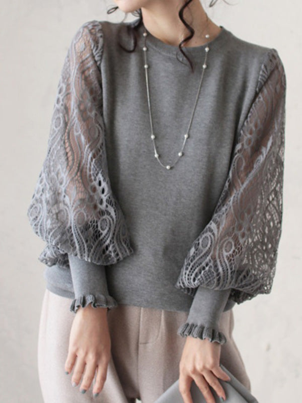 Tempermant Black Round-Neck Patchwork Hollow Lace Long Puff Sleeves Sweater QX011 shopify