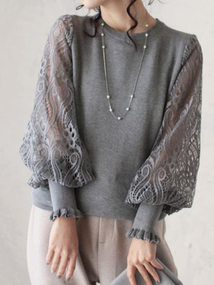 Tempermant Black Round-Neck Patchwork Hollow Lace Long Puff Sleeves Sweater QX011 shopify