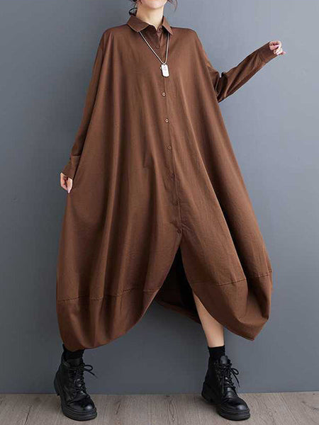 Stylish Black Lapel Buttoned Pockets A-Line Petal Hem Long Sleeve Shirt Dress TW015 ABC