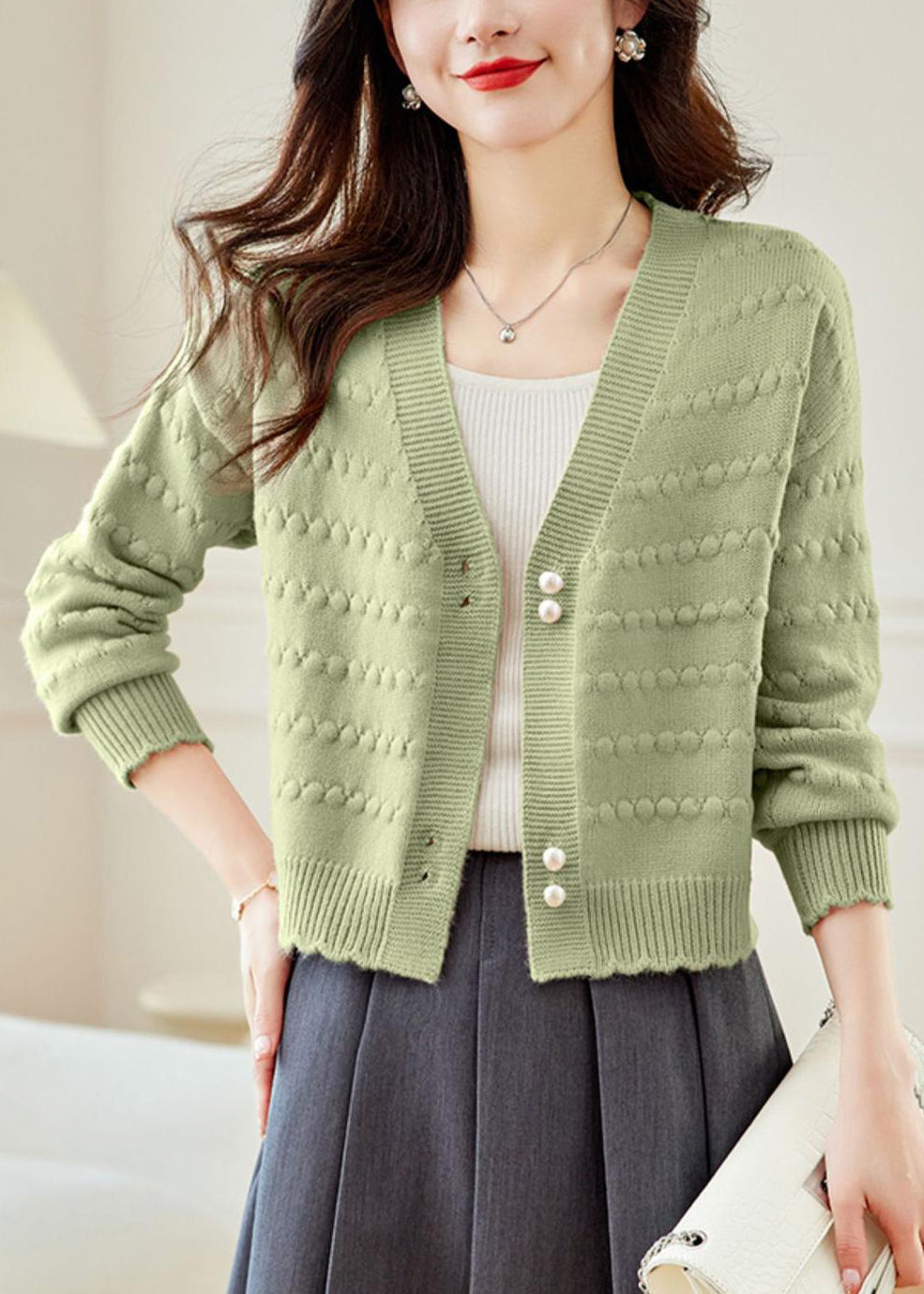 Vogue Green V Neck Button Knit Coat Fall QC030 shopify