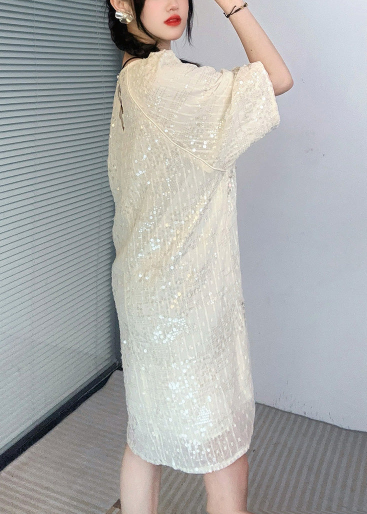 French Apricot O-Neck Sequins Mid Dress Summer AO1066 JDML-SDM240909