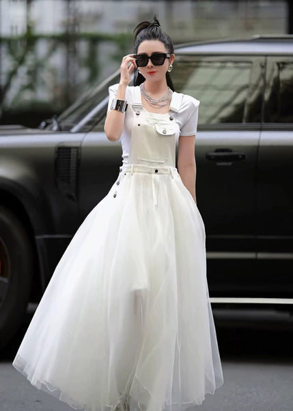 Patchwork Tulle Summer Strap Dress White Distinctive Denim FashionChic