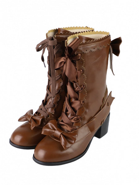 Mid-Calf Lolita Mid-heel Scalloped Brown Edge with Sweet Boots Detail Bow FashionChic