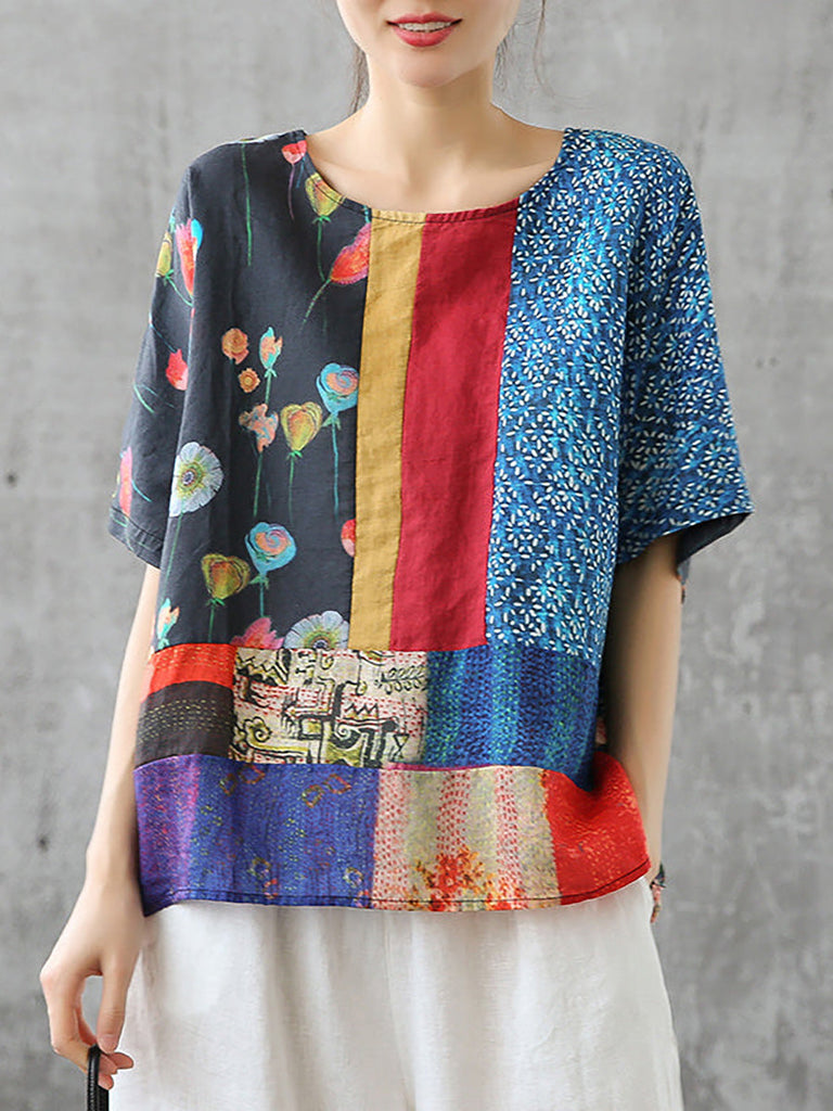 Plus Size Summer Printed Women Floral Loose Linen T-shirt QW1032 Ada Fashion