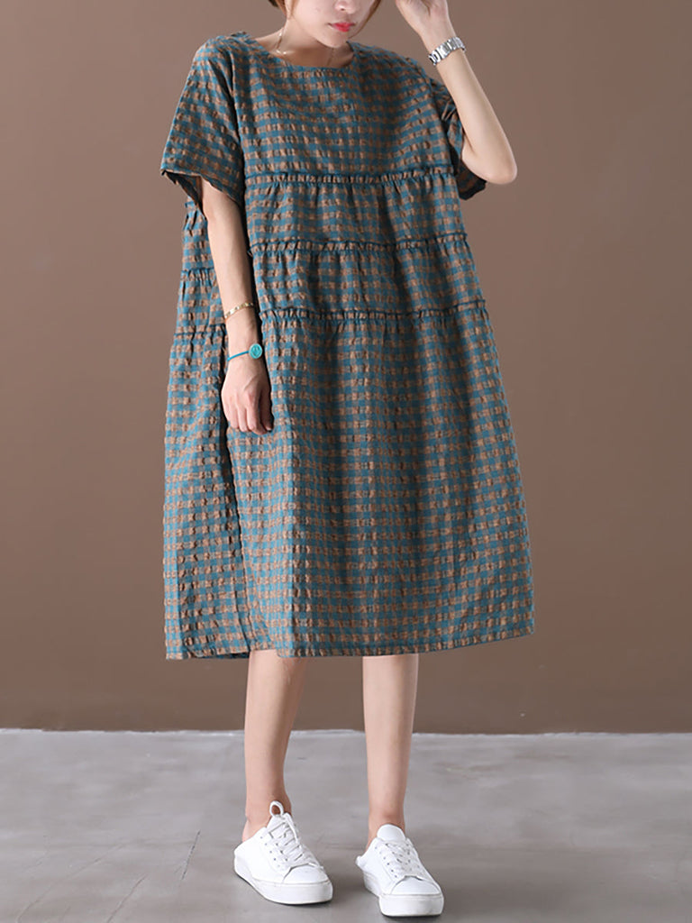 Plus Size Summer Plaid Round Neck Cotton Linen Midi Dress XX1060 Ada Fashion