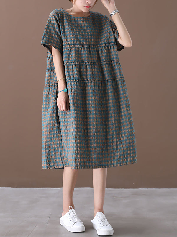 Plus Size Summer Plaid Round Neck Cotton Linen Midi Dress XX1060 Ada Fashion