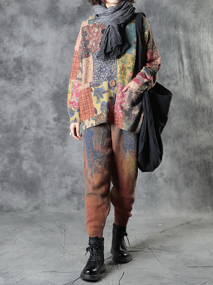 Plus Size Autumn Colorful Flower Knitted Floral Sweater Coat AS1048 BUYKUD