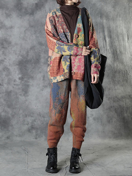 Plus Size Autumn Colorful Flower Knitted Floral Sweater Coat AS1048 BUYKUD