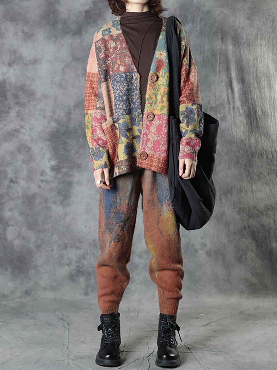 Plus Size Autumn Colorful Flower Knitted Floral Sweater Coat AS1048 BUYKUD