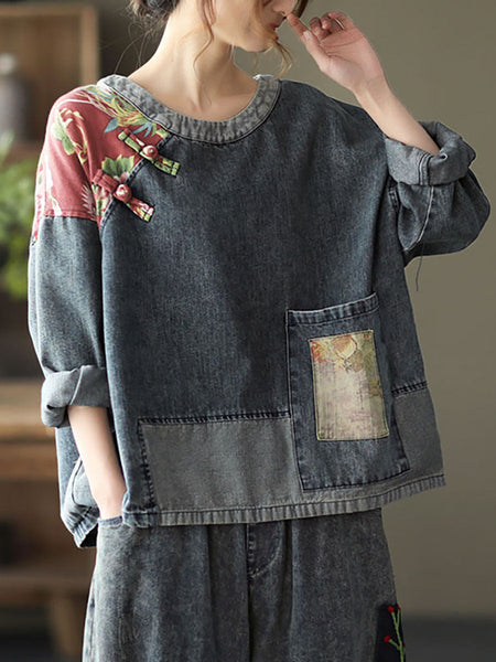 Plus Size Women Retro Stitching Patchwork Print Floral Denim Sweatshirt SC1032 Ada Fashion