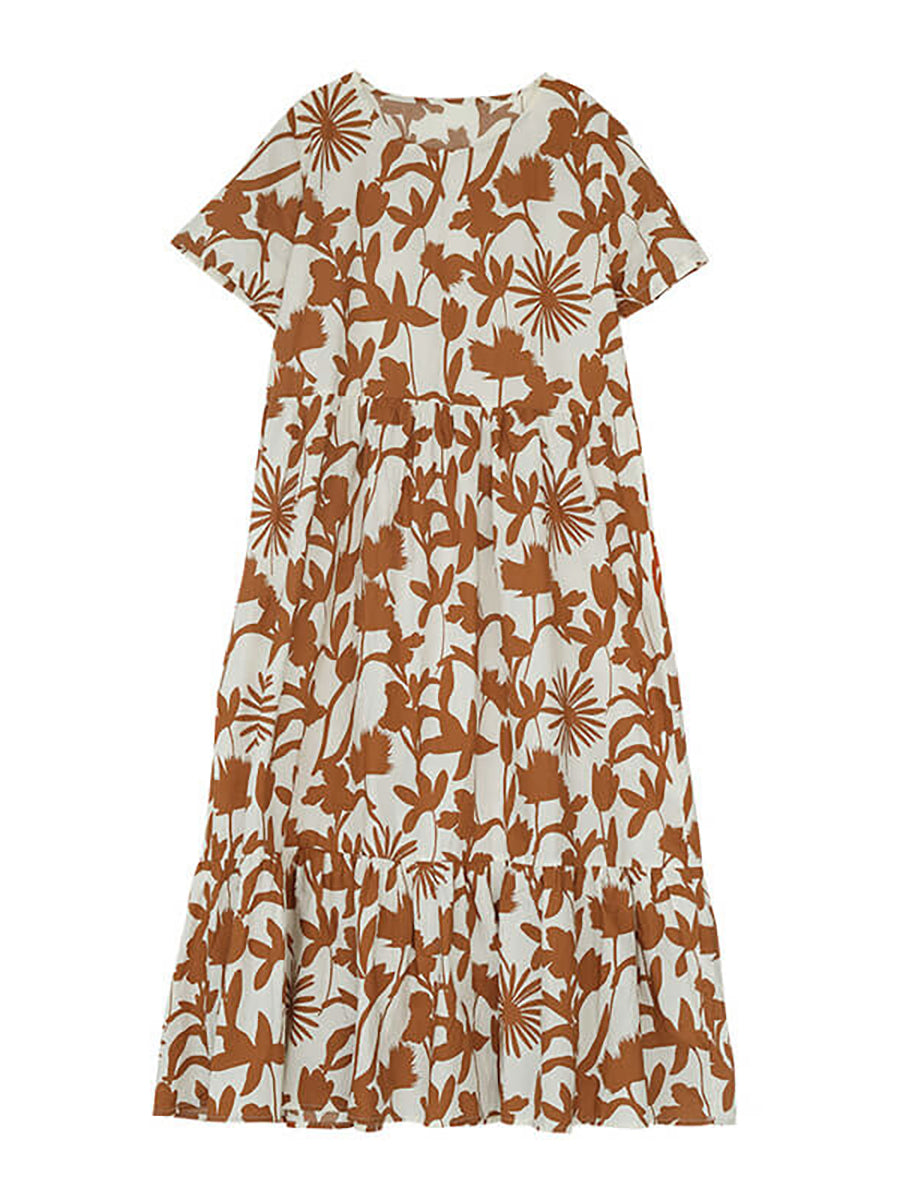 Plus Size 100% Cotton Women O-neck Floral Dress OO1053 BUYKUD
