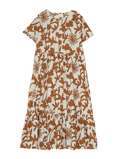 Plus Size 100% Cotton Women O-neck Floral Dress OO1053 BUYKUD