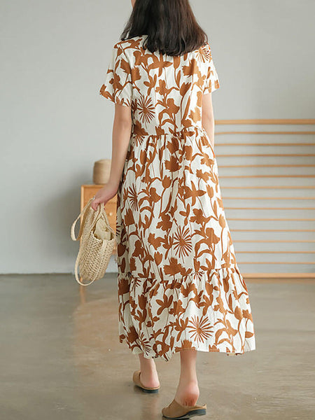 Plus Size 100% Cotton Women O-neck Floral Dress OO1053 BUYKUD