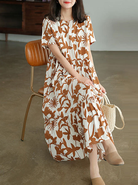 Plus Size 100% Cotton Women O-neck Floral Dress OO1053 BUYKUD