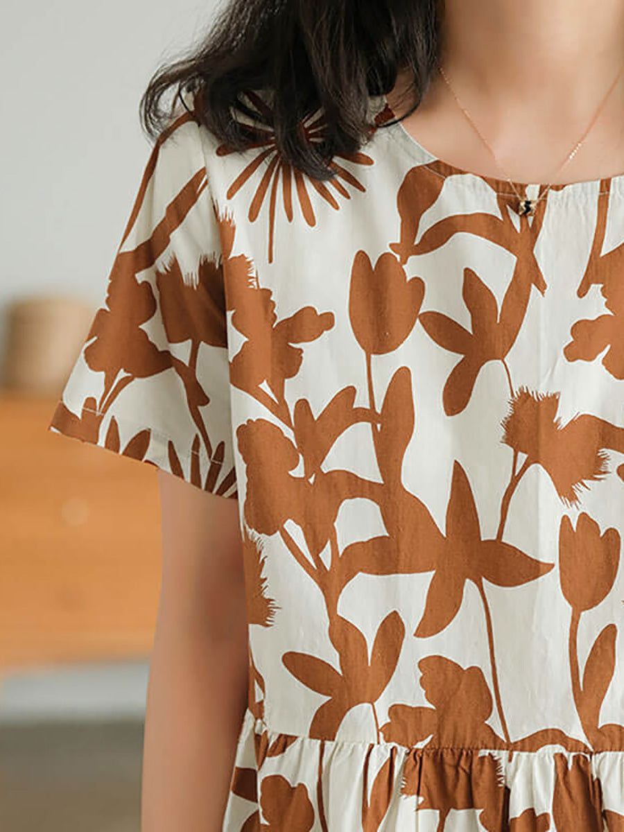 Plus Size 100% Cotton Women O-neck Floral Dress OO1053 BUYKUD