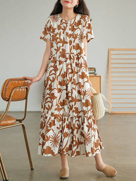 Plus Size 100% Cotton Women O-neck Floral Dress OO1053 BUYKUD