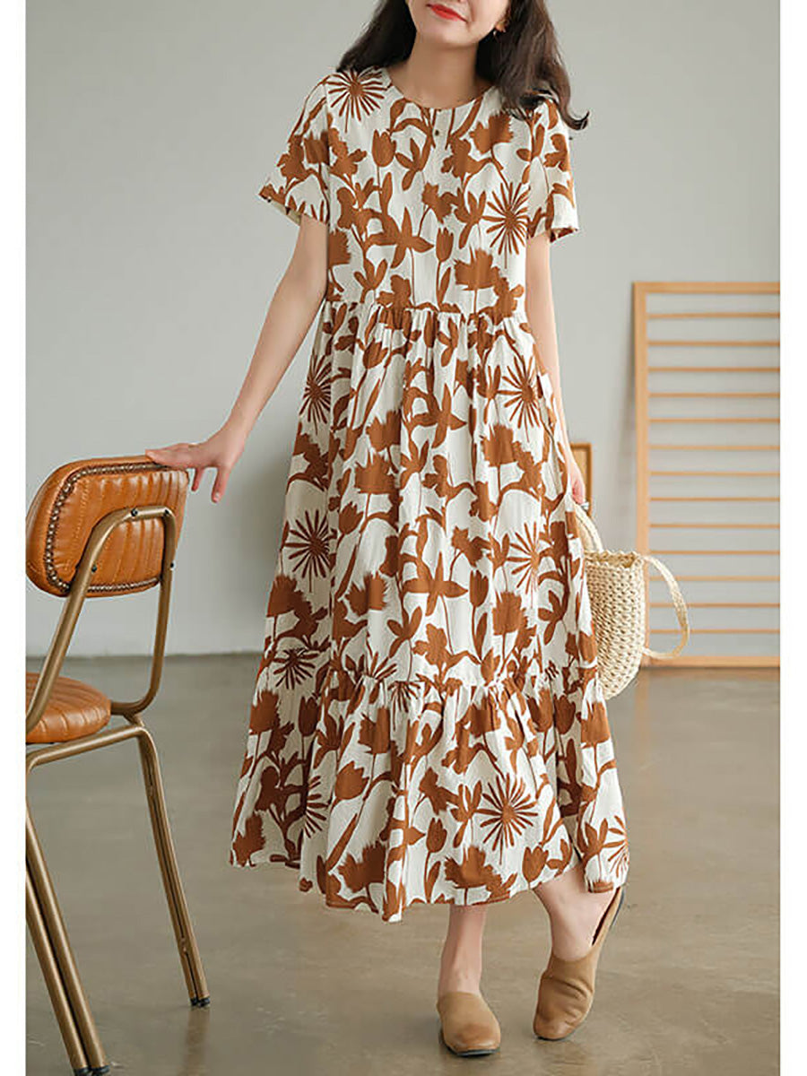 Plus Size 100% Cotton Women O-neck Floral Dress OO1053 BUYKUD