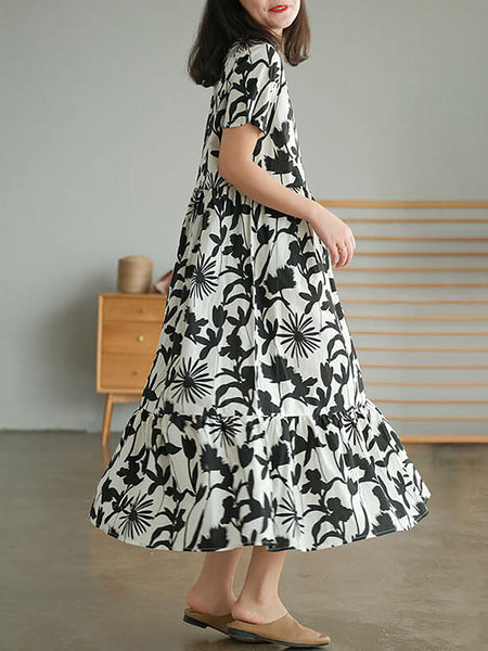 Plus Size 100% Cotton Women O-neck Floral Dress OO1053 BUYKUD