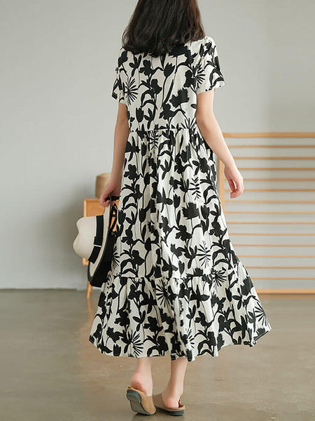 Plus Size 100% Cotton Women O-neck Floral Dress OO1053 BUYKUD