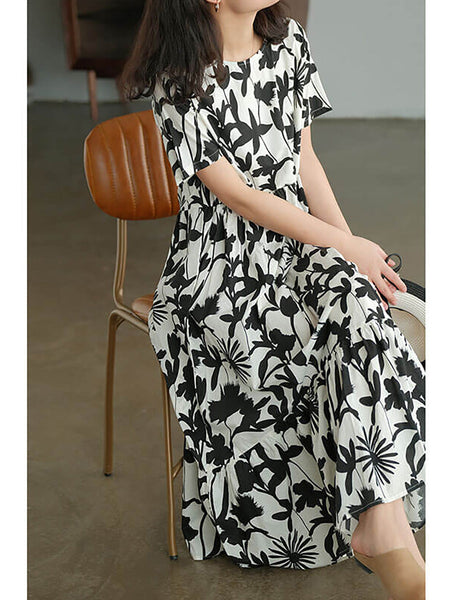 Plus Size 100% Cotton Women O-neck Floral Dress OO1053 BUYKUD